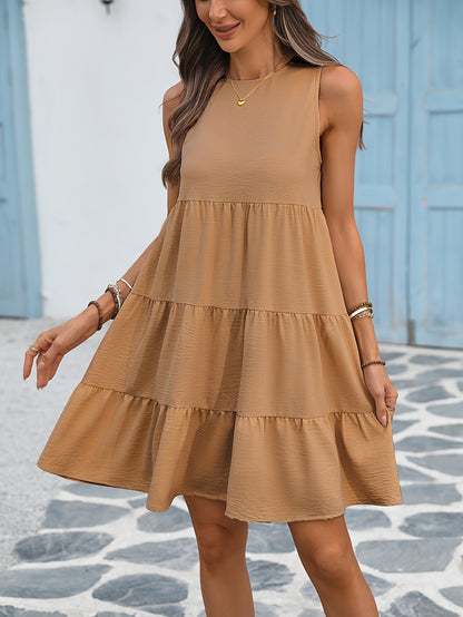 Round Neck Loose Big Swing Patchwork Cake Dress, Casual Solid Color Sleeveless Waist Summer Dresses