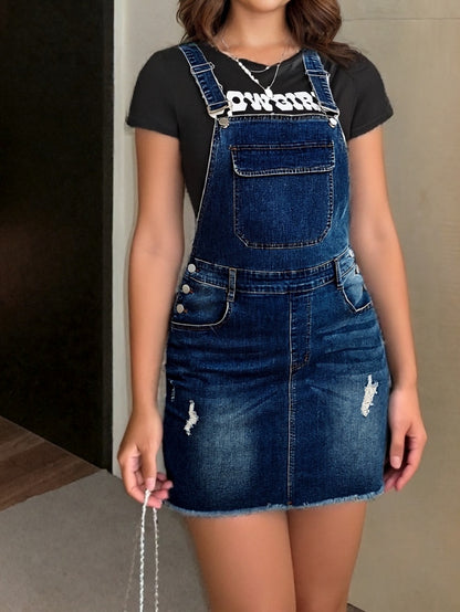 Women's Stretch Denim Skirt with Adjustable Shoulder Straps - Distressed Ripped Design, Raw Hem & Spacious Front/Back Pockets - Mid-Length Machine Washable for Spring Summer Fall Outdoor Shopping Daily Wear, Casual Outfit, Relaxed Fit, Comfortable Fit, Fa