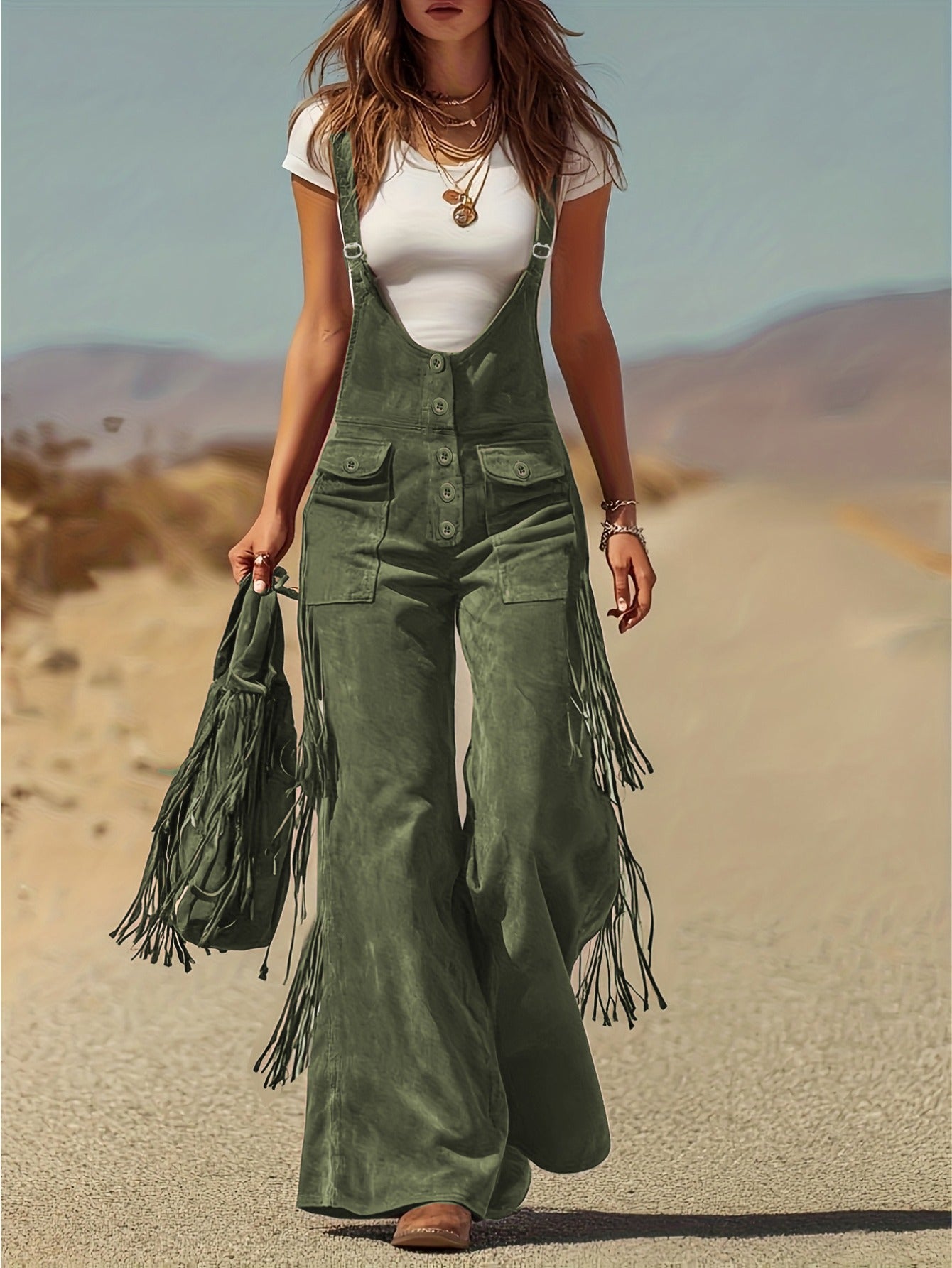 Vintage Fringe Detail Overalls, Loose Wide Leg Design, Fashion Youthful Casual Style, Daily Outing Travel Outfit, Versatile Multi-Occasion Wear