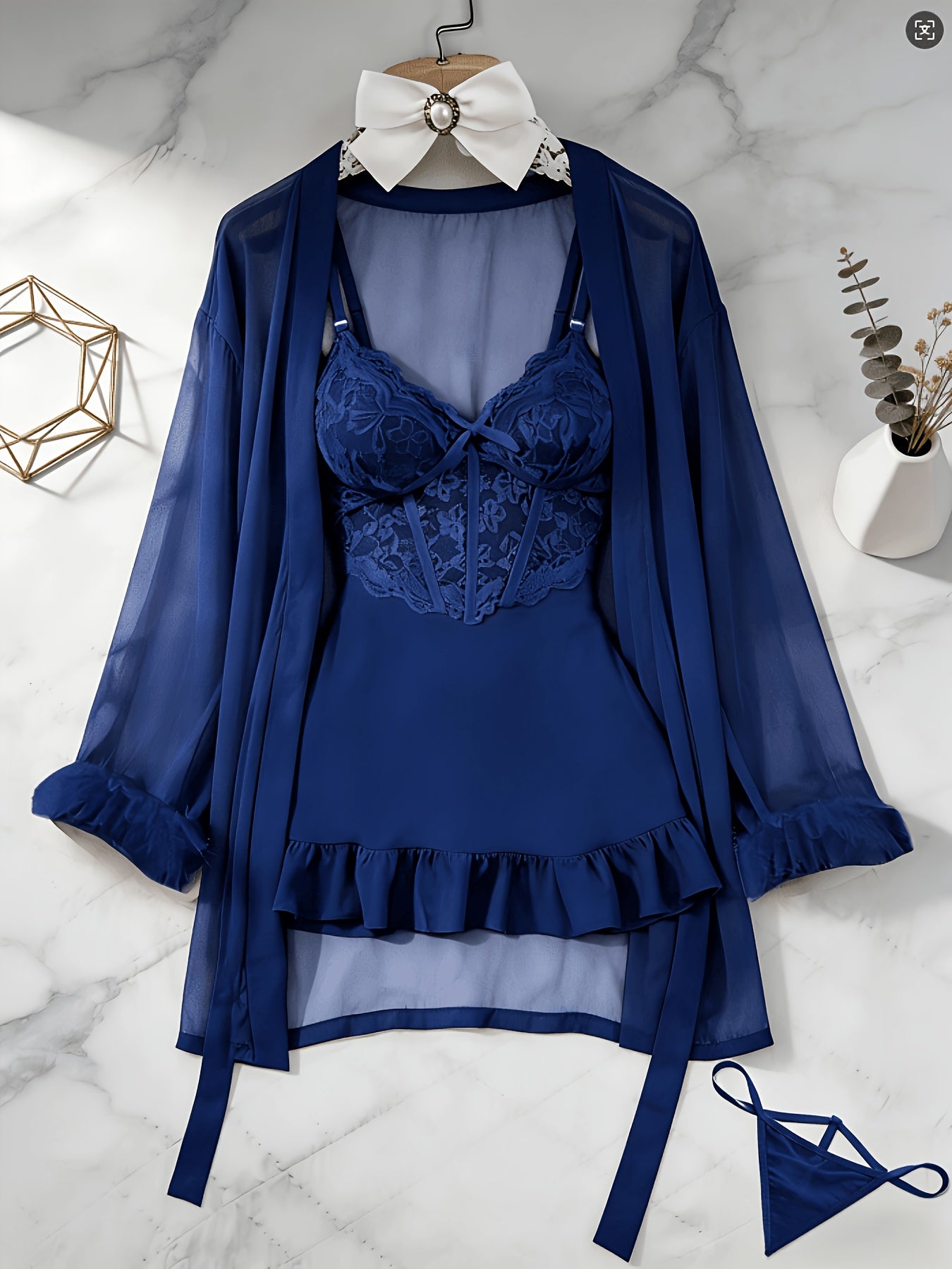 [3pcs Sheer Lace Set] Women's Lingerie 3pcs Sheer Lace Babydoll Set With Robe And Panty See Through Trim Mesh Sleepwear Sexy Nightwear