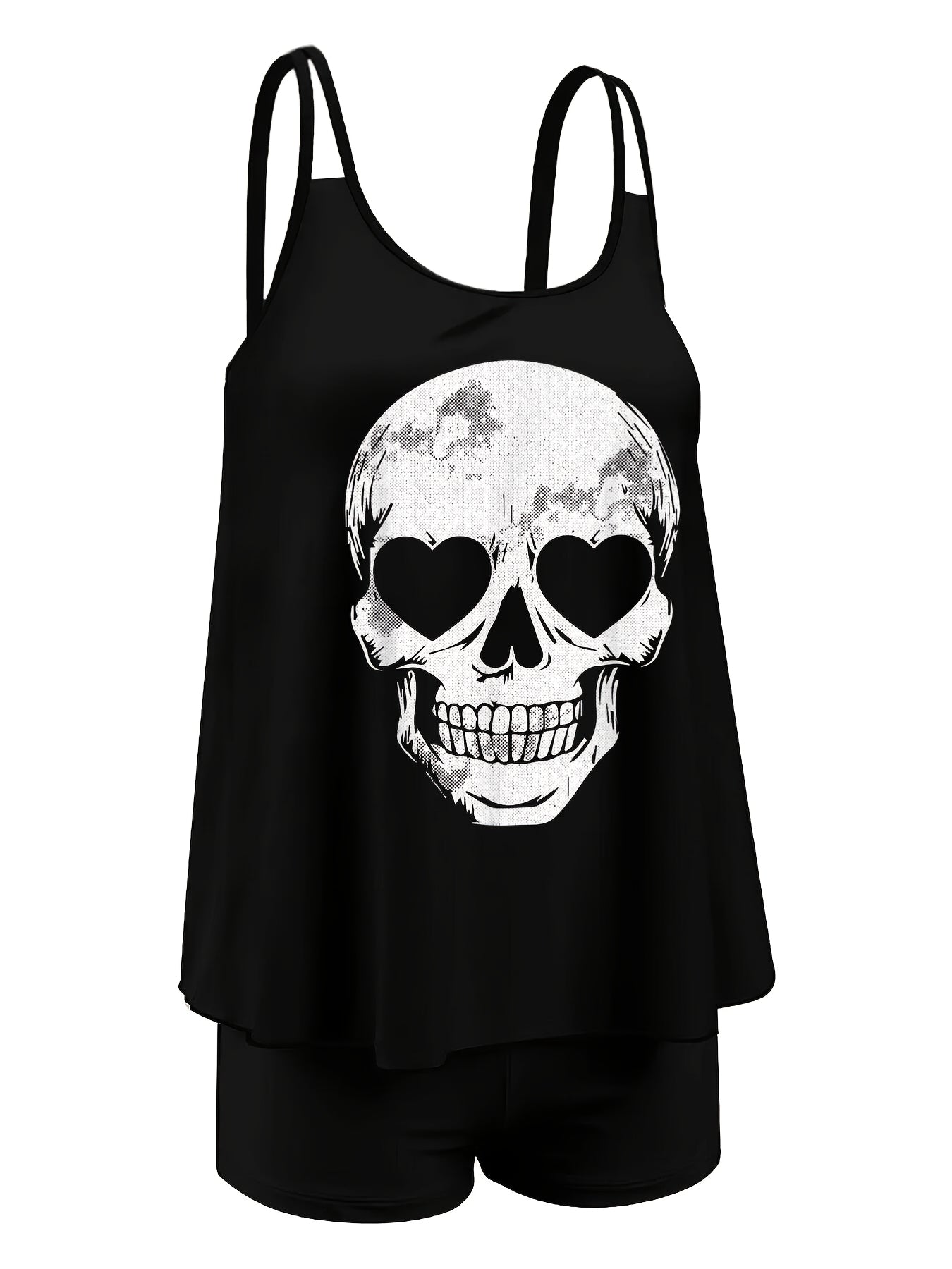 Adorable Skeleton-Themed Two-Piece Swimsuit for Women, Featuring a Stylish Black Design with a Conservative Double Shoulder Tankini Style, Perfect for a Laid-Back Halloween Look