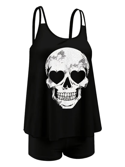 Adorable Skeleton-Themed Two-Piece Swimsuit for Women, Featuring a Stylish Black Design with a Conservative Double Shoulder Tankini Style, Perfect for a Laid-Back Halloween Look