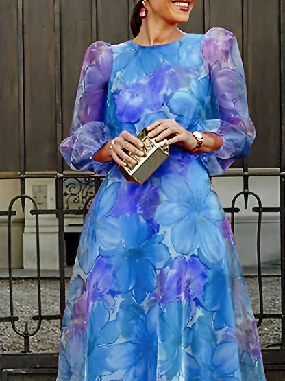 [Wedding Guest Party] Women's Floral Print Chiffon Maxi Dress - Elegant Ombre Gradient Long Sleeve Dress with Back Zipper, Wedding Guest Party Dress, Flowy Sunset Dress
