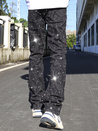 Y2K Men's Shiny Rhinestone Embellished Stretch Slim-Fit Jeans, Casual Street Style Hip-Hop Skateboarding Rap Pants, Machine Washable - All-Season Wear