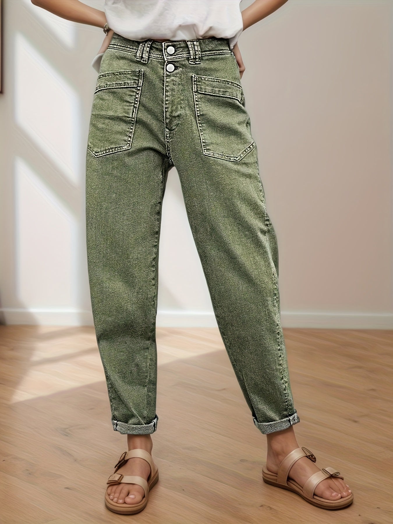 Women'S Stretch Mid-Rise Straight Jeans - Olive Green Button-Fly Belt Loops Slash Pockets Four Seasons Jeans for Casual & Semi-Formal Occasions Women'S Baggy Pants Women'S Jeans Street Fashion Women'S Pants Machine Washable