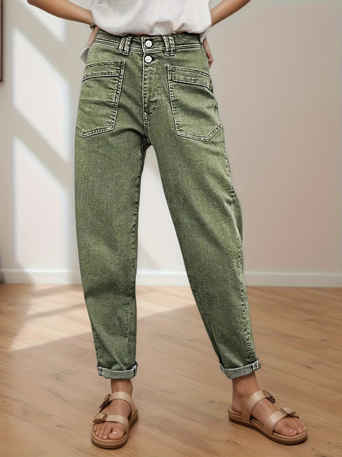 Women'S Stretch Mid-Rise Straight Jeans - Olive Green Button-Fly Belt Loops Slash Pockets Four Seasons Jeans for Casual & Semi-Formal Occasions Women'S Baggy Pants Women'S Jeans Street Fashion Women'S Pants Machine Washable