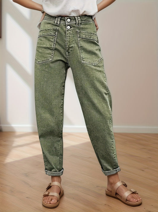 Women'S Stretch Mid-Rise Straight Jeans - Olive Green Button-Fly Belt Loops Slash Pockets Four Seasons Jeans for Casual & Semi-Formal Occasions Women'S Baggy Pants Women'S Jeans Street Fashion Women'S Pants Machine Washable