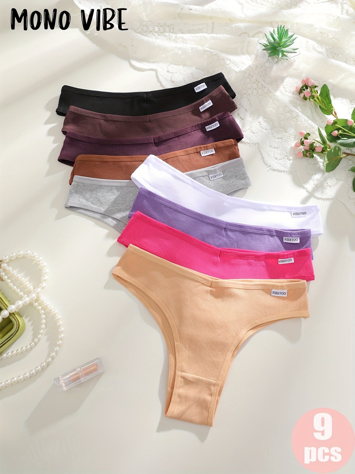 9pcs Women's Underwear Set, V-shaped Design, Underwear, Comfortable And Breathable, Soft And Comfortable, Elastic Fit, Simple Style, Opaque, Cute