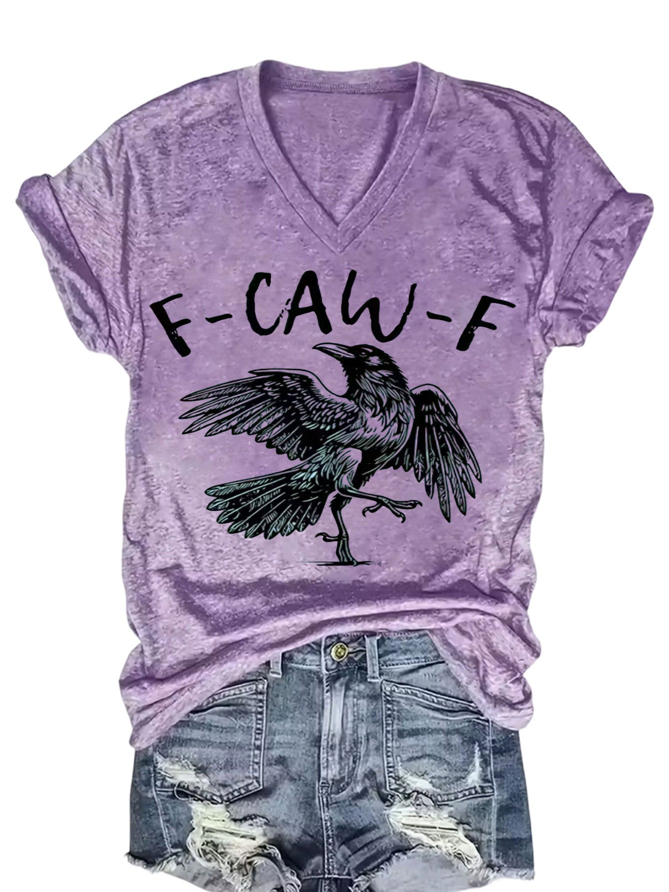 1pc Women'S V-Neck Short Sleeve Raven Graphic Print All-Season Casual Wear Fashionable Style Everyday Versatile Ladies Top with Local Warehouse Shipping