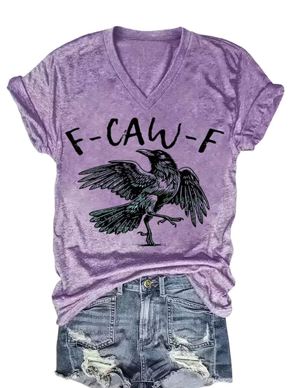 1pc Women'S V-Neck Short Sleeve Raven Graphic Print All-Season Casual Wear Fashionable Style Everyday Versatile Ladies Top with Local Warehouse Shipping