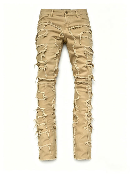 Men's Creative Tassel Decor Straight Fit Jeans, Men's Casual Mid-Rise Elastic Street Style Hip-Hop Skate Rap Jeans for All Seasons