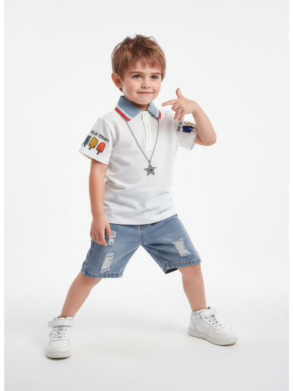 Boys' Summer New Cartoon Print 2pcs Set with Collar Short Sleeve and Distressed Denim Shorts, Perfect for Outdoor