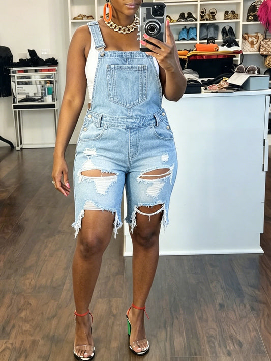 Women'S Denim Overalls - Light Blue Washed Straight Ripped Burrs Denim Jumpsuit