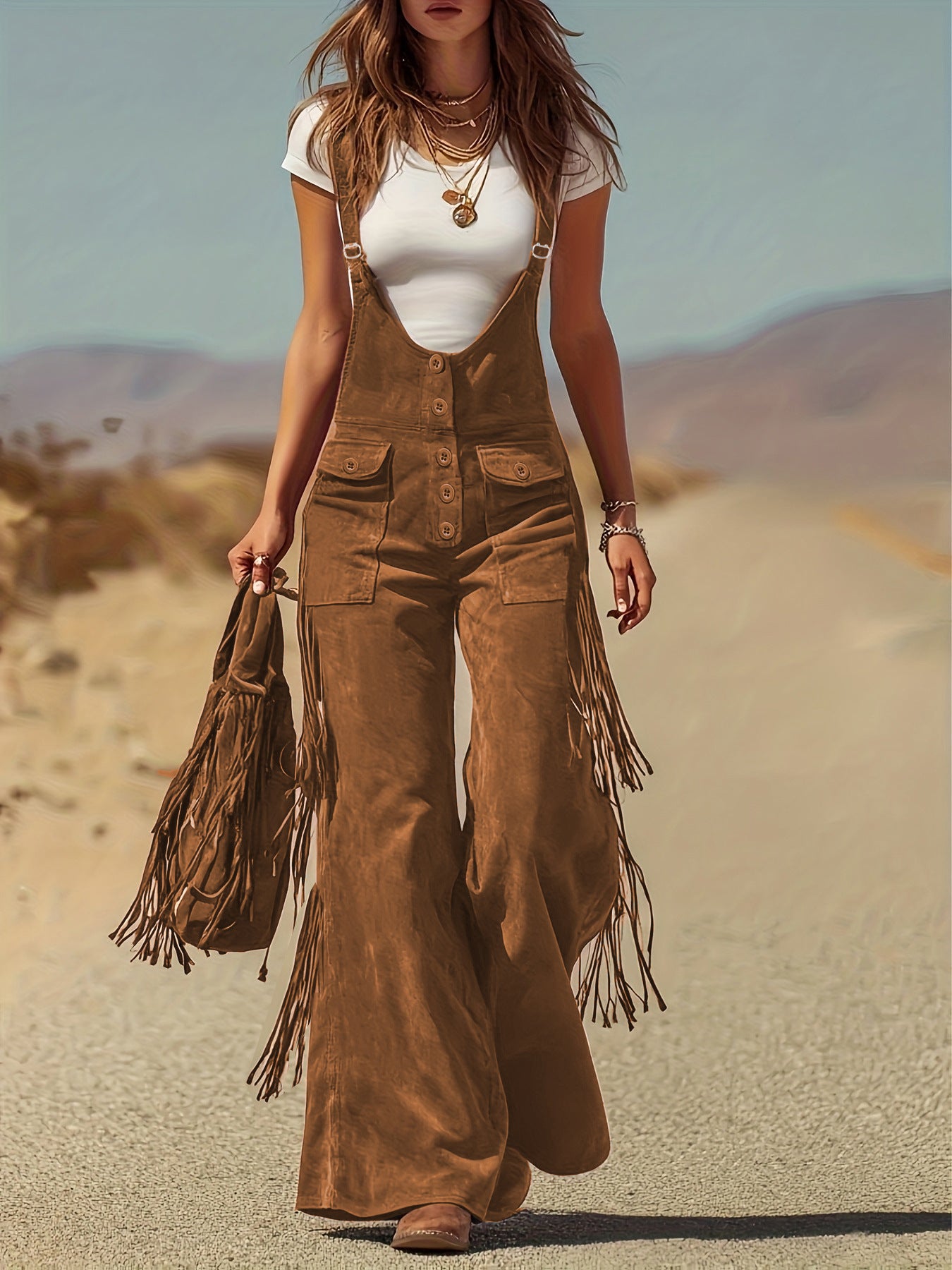 Vintage Fringe Detail Overalls, Loose Wide Leg Design, Fashion Youthful Casual Style, Daily Outing Travel Outfit, Versatile Multi-Occasion Wear