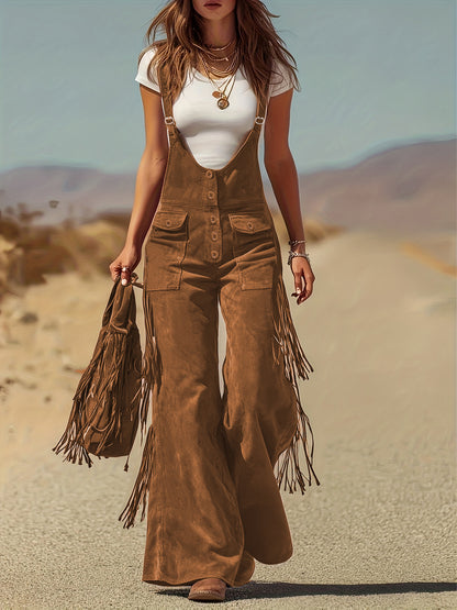 Vintage Fringe Detail Overalls, Loose Wide Leg Design, Fashion Youthful Casual Style, Daily Outing Travel Outfit, Versatile Multi-Occasion Wear