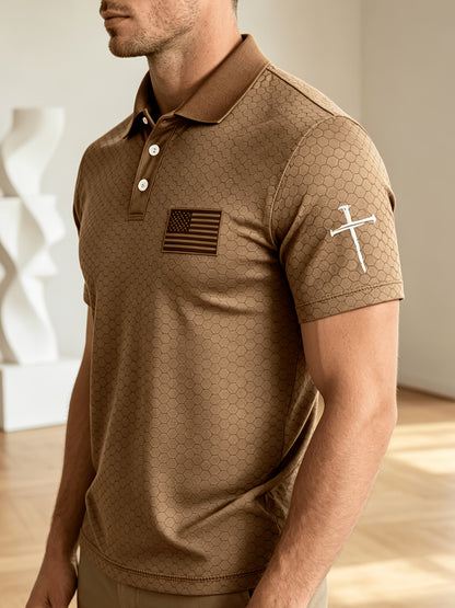 American Flag Gradient Cross Print Polo Shirt for Men's Casual Lapel Short Sleeved Patriotic Themed Commuting Top, American Flag Armband Contrasting Striped Short Sleeved Casual Business Lapel Top