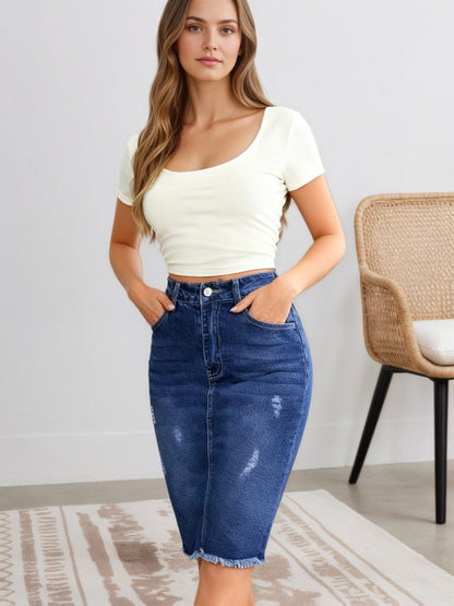 Women's Stretch Slim Fit Denim Skirt with Distressed Hem and Frayed Design, Mid-Waist, Elegant and Comfortable, Classic Hole Design