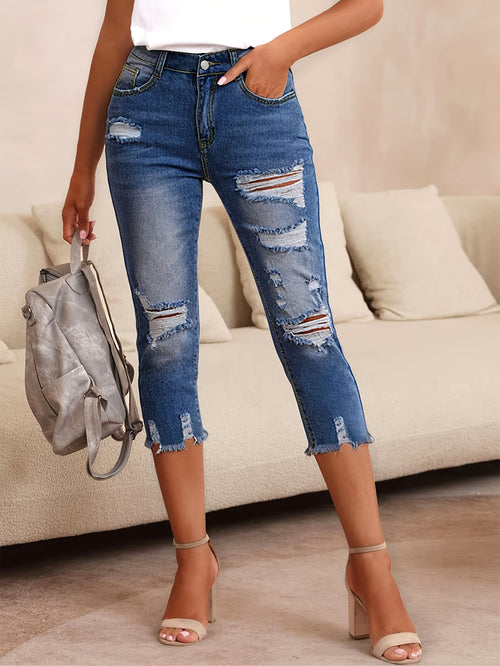 Women's High-Waisted Stretch Denim Capri Pants - Mid-Rise Slim Fit Straight-Leg Ripped Jeans with Distressed Details, Machine Washable Streetwear Style for All-Season Casual Wear