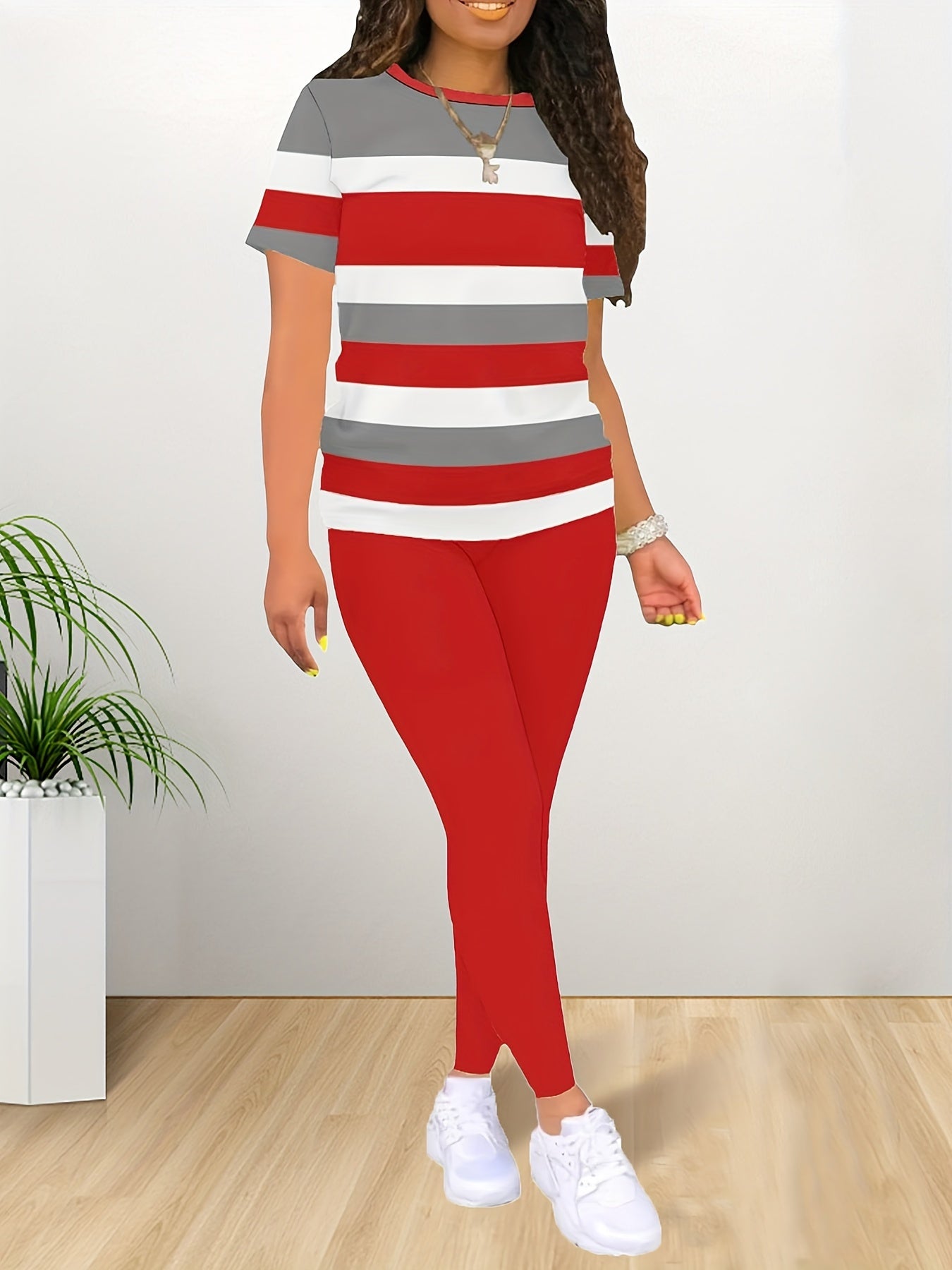 Women's Red Polyester Striped Short-Sleeve Pants - product view 4