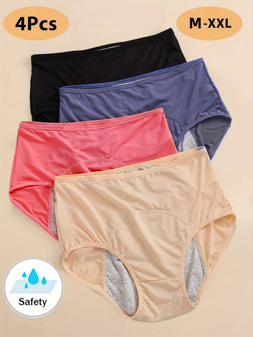 [Leak-Proof Period Panties] 4pcs High Waist, Breathable Women's Leak-Proof Period Panties| Three-Layer Wide Absorbency, Elegant Design Black, Dark Gray, Pink& Beige- Comfortable Menstrual Underwear for Casual Attire