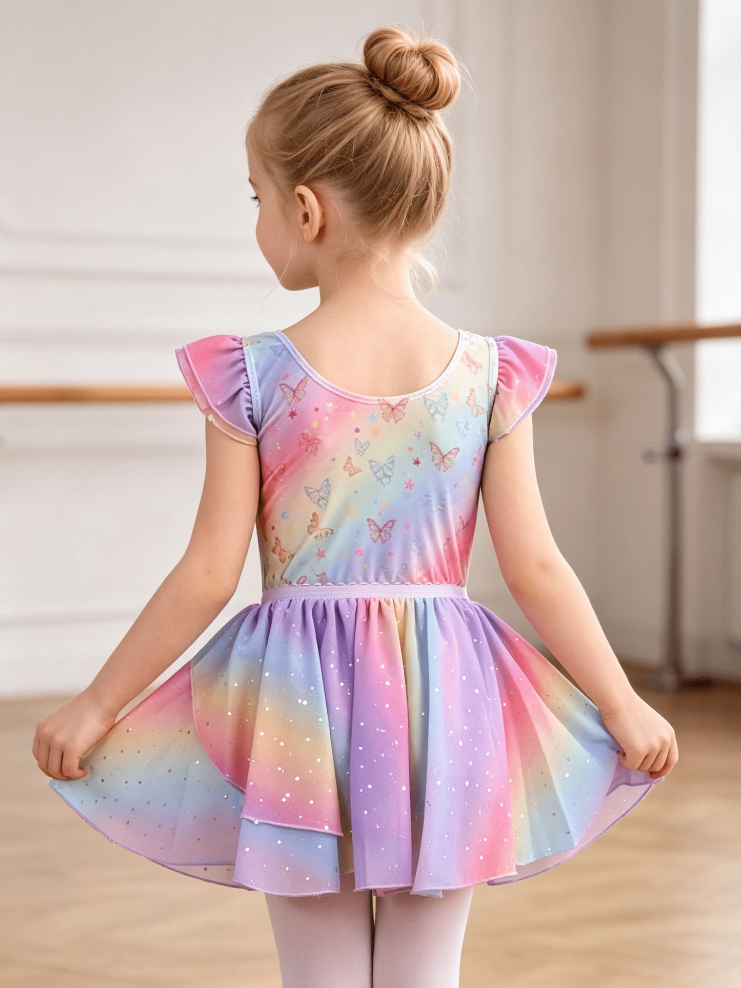 Summer New Kids' Dress, 1pc Of Gym Uniform, 1pc Of Skirt Set, Girls' Clothing Rainbow Flutter Sleeve Sequin Chiffon Dress Set, Children's Clothing Ballet Leotard, Perfect for Outdoor