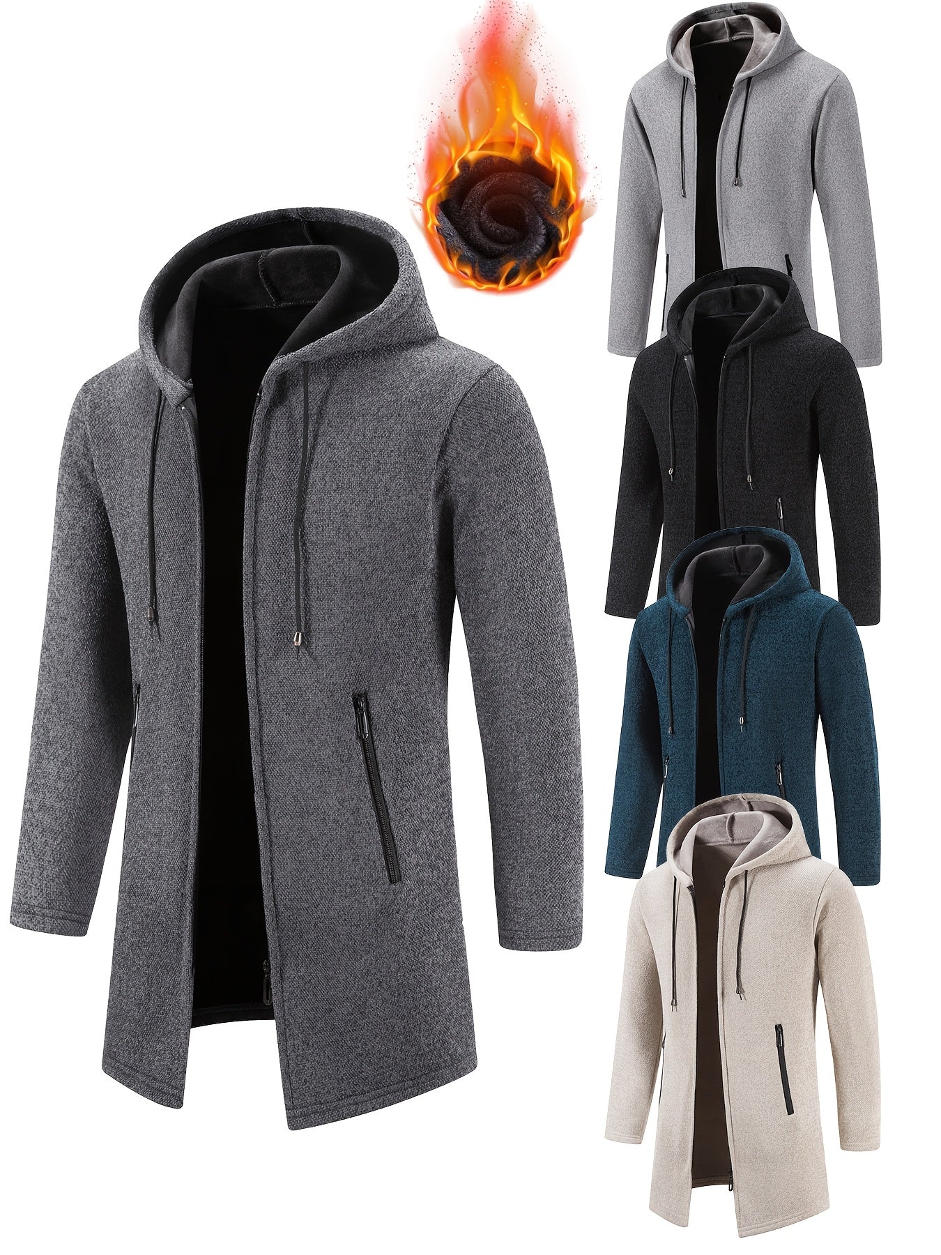 Men's Casual Hoodie, Hooded Mid Length Coat, Lined Zip Up Hoodie, Stylish Slim Fit Hoodie with Pockets, Suitable for Daily Wear, Outdoor Activities And Street