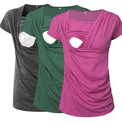 Set of 3 Women'S Short Sleeve Maternity Tops with Side Ruching for Breastfeeding