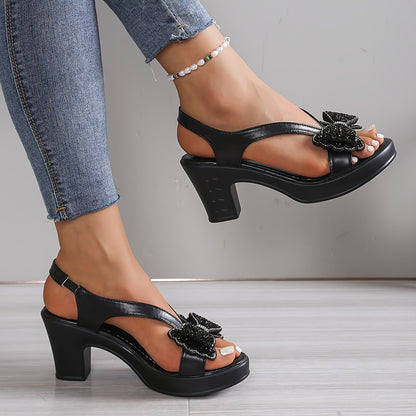 Women' Elegant White Platform Sandals with Glitter Bow Accents - Chunky Block Heel Open-Toe Slip-/Retro Backstrap Chunky Platform Heels Suitable for Beach, Casual Outfits, Summer Footwear - Sole & Sole for Durability, Women Shoes
