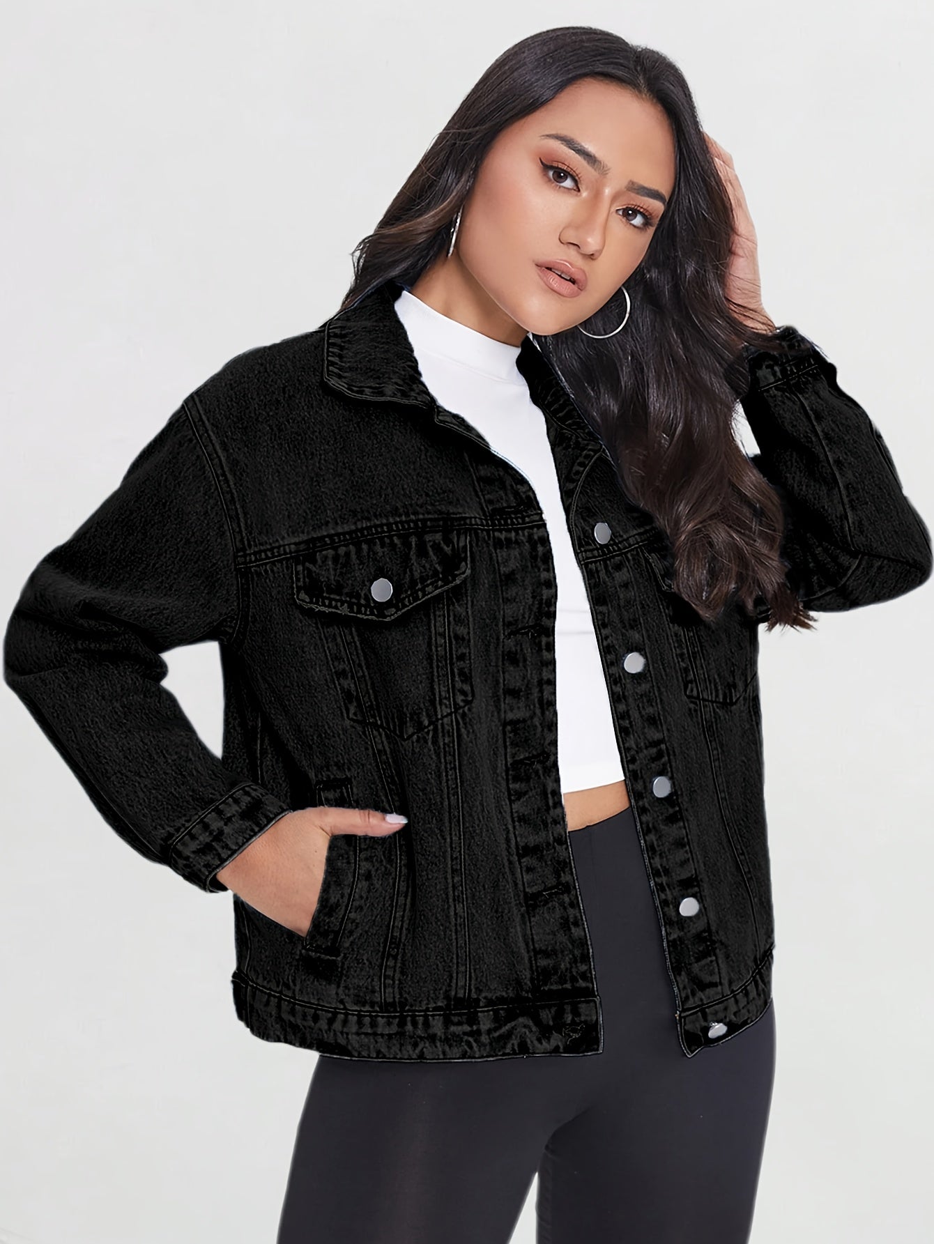 Womens Black Denim Jacket Spring Fall Lightweight Blend Cropped Length Classic Lapel Collar Front Button Closure Multiple Pockets Casual Chic Style Versatile Layering Piece Comfortable Soft Lining Modern Fit Sleeve Cuff Adjustable Feature