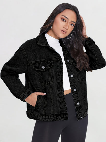 Womens Black Denim Jacket Spring Fall Lightweight Blend Cropped Length Classic Lapel Collar Front Button Closure Multiple Pockets Casual Chic Style Versatile Layering Piece Comfortable Soft Lining Modern Fit Sleeve Cuff Adjustable Feature