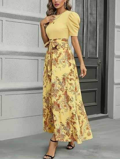 Women'S Floral Cinched-Waist Casual Long Dress, Suitable for Light Business Gatherings | Weekend Afternoon Tea And Similar Occasions, Elegant And Refined