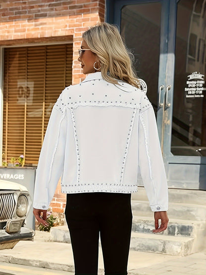 Women's Long Sleeve Rivet Studded Denim Jacket Casual Washed Pearl Short Jean Coat