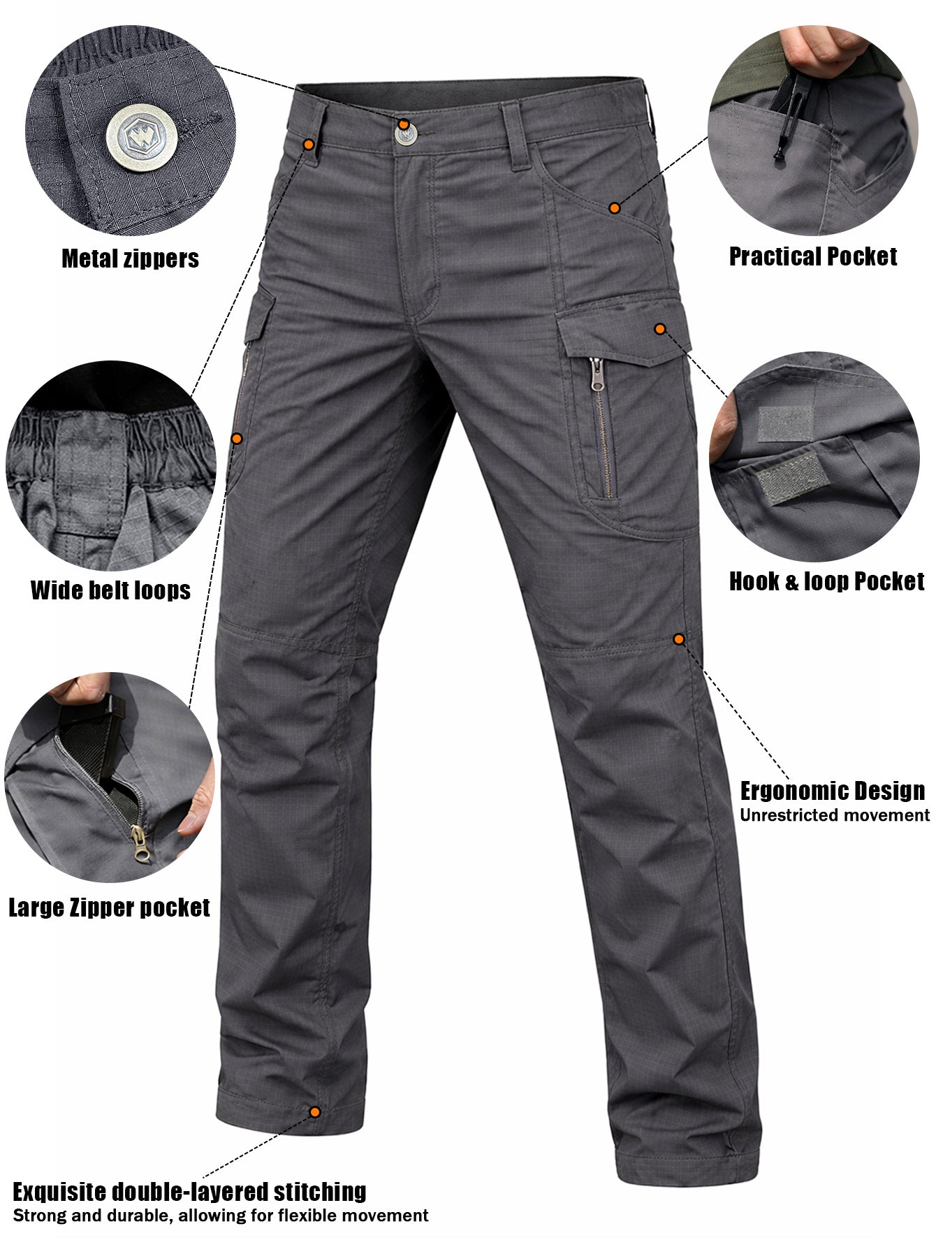 Men's Ripstop Work Pants, Durable Stretch Trail Trousers with Lightweight Breathable Comfort, Quick Dry Training Cargo Pants, Wear-Resistant Construction and Functional Multi-Pocket Design for Outdoor Travel, Camping and Trekking, Grey