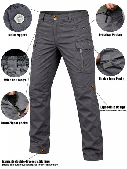 Men's Ripstop Work Pants, Durable Stretch Trail Trousers with Lightweight Breathable Comfort, Quick Dry Training Cargo Pants, Wear-Resistant Construction and Functional Multi-Pocket Design for Outdoor Travel, Camping and Trekking, Grey