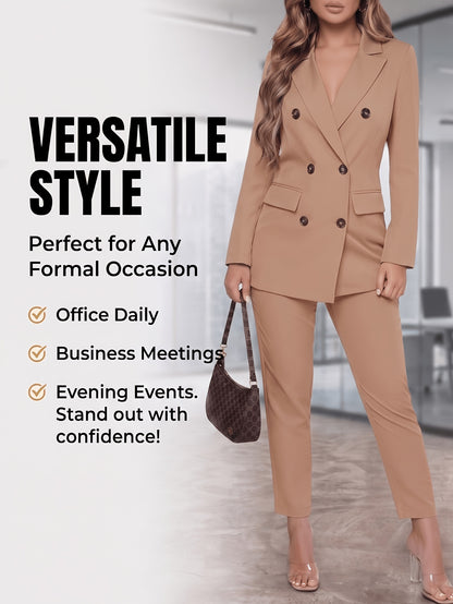 2pcss Blazer Set Pantsuit Women Double Breasted Blazer Set Formal 2pcss Pantsuit For Office Work, Long Sleeve Business Suit Slim Fit Double Breasted Suit For Business Meetings Corporate Office