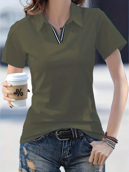 Women'S Casual V-Neck T-Shirt - Summer Short Sleeve Solid Color Top with Striped Collar & Waist Ribbon Detail, Machine Washable Regular Fit for Casual Attire, Comfortable Daily Tee, Stylish Ribon Detail, Smooth Fabric Tee