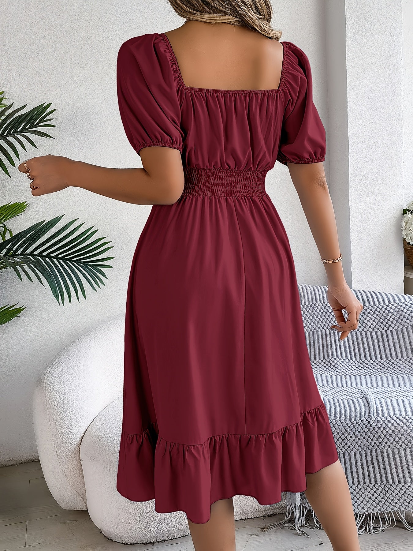 Spring/Summer Women's Fashion Square Neckline Puff Sleeve A-Line Dress