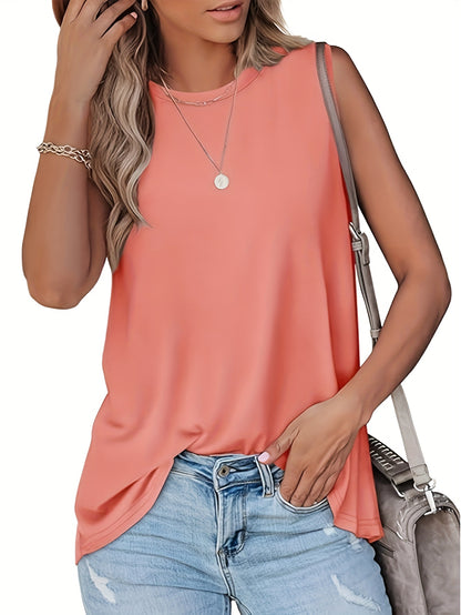 Solid Color Ladies Top 2025 Europe And The United States Fashion Casual Loose Printed Round Neck Waist Sleeveless Vest