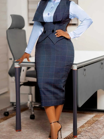New Sexy Button Plaid Pencil Skirt Bodycon Skirt Set 2pcs Women's Seasonal Checkered Sleeveless Vest + High-Waisted Skirt Set | Intellectual Commuting Design, Creating A Professional Look, Suitable for Office Work And Business Meetings