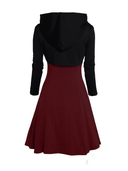 Rock Gothic Metal Piece Decorated V-Neck Vest Dress with Hooded Long Sleeve Top Two-Piece Set, Unique Gothic Style Detachable Chain Vest Skirt and Curved Hem Caped Long Sleeve Shirt, Versatile Separates Women's Outfit for Party and Casual Wear