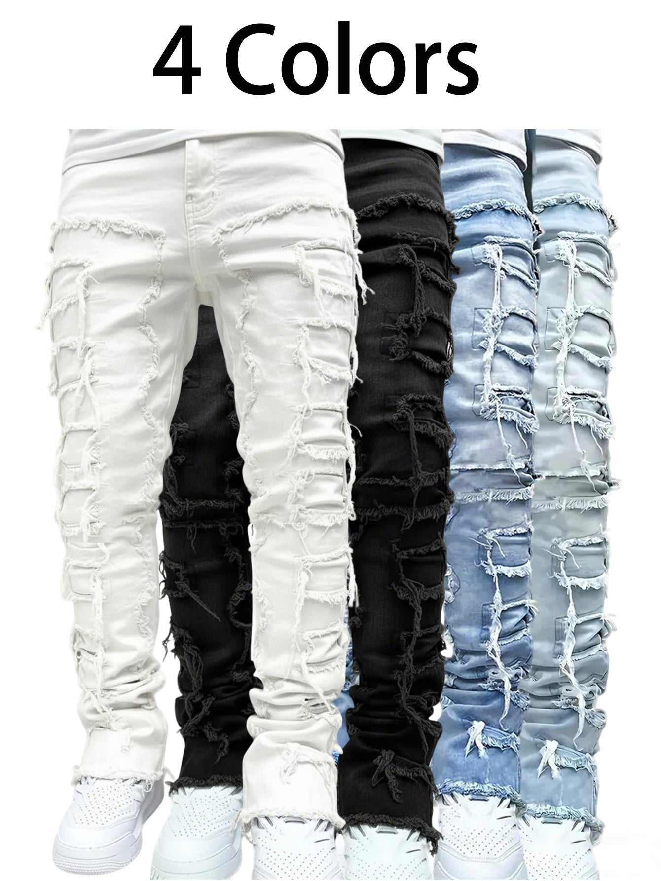 (Available In Four Colors) Men's Ripped Jeans, Vintage Street Style High-street Patchwork Jeans, Fashionable Spliced Slim-fit Jeans, Men's Elastic Slim-fit Jeans 1pc