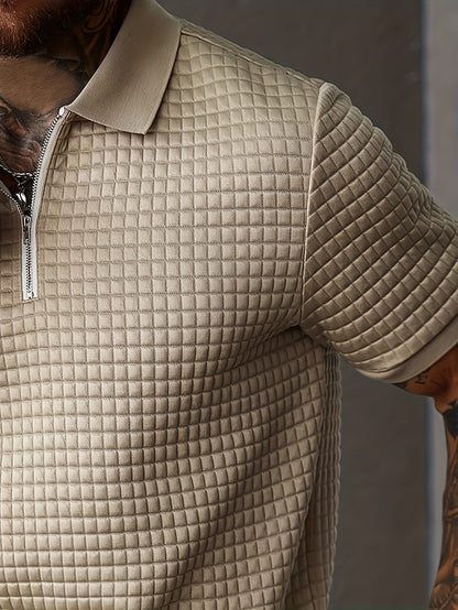 2pcs Men's Summer Commuter Casual Suit: Textured Fabric Half-zip Shirt Paired with Stitched Front Trousers, 2pcs Menswear, Vintage Style, Comfortable Fit.