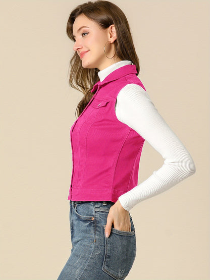 Women's Buttoned Washed Denim Vest Jacket W Chest Flap Pockets