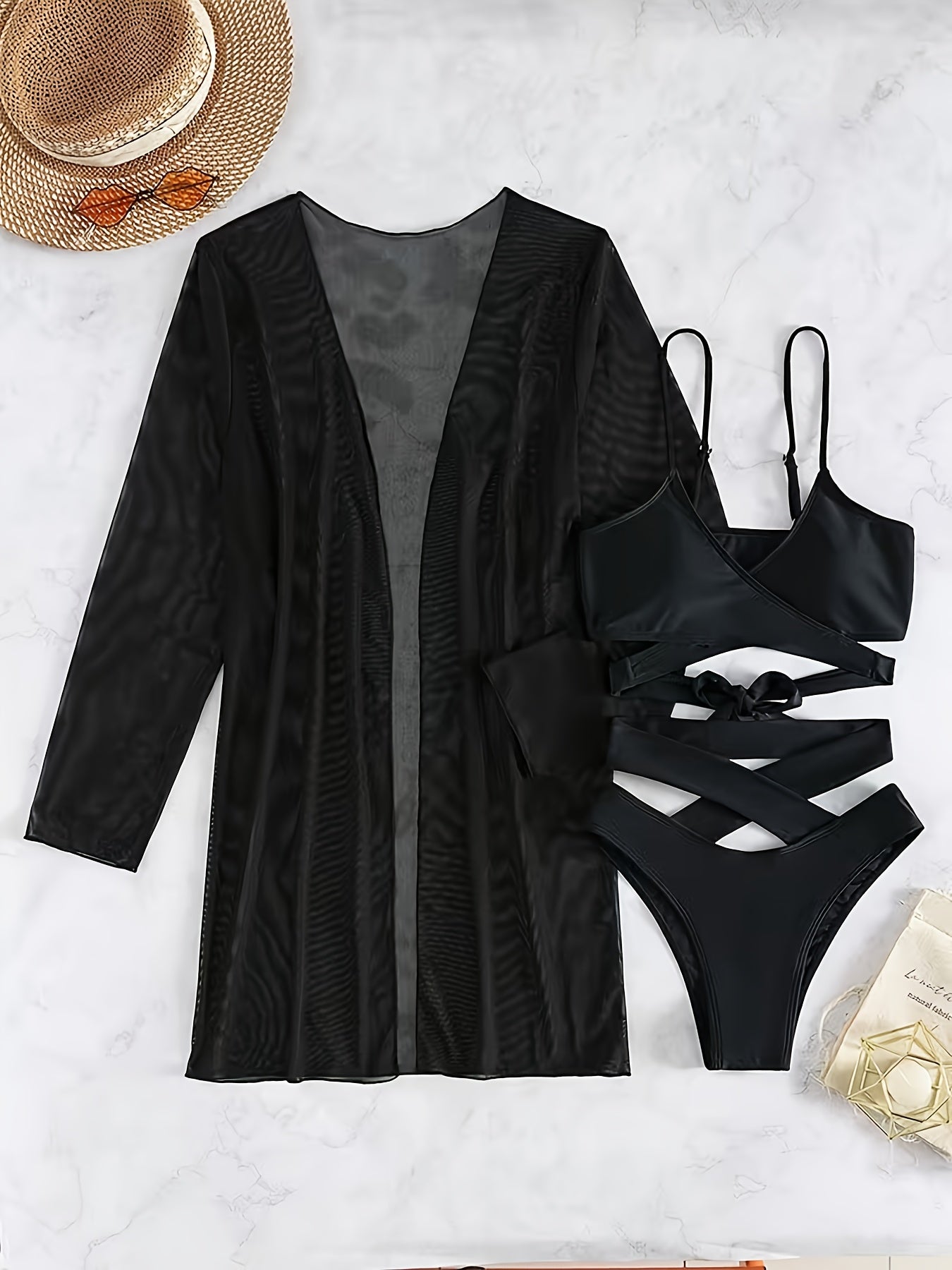 A Three-Piece Solid Color Bikini Set Featuring a Tie-Up Cross Design And High Waist Style, Perfect for Beach Outings. This Premium Swimwear Is Smooth And Soft