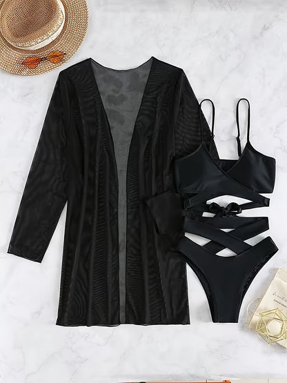A Three-Piece Solid Color Bikini Set Featuring a Tie-Up Cross Design And High Waist Style, Perfect for Beach Outings. This Premium Swimwear Is Smooth And Soft