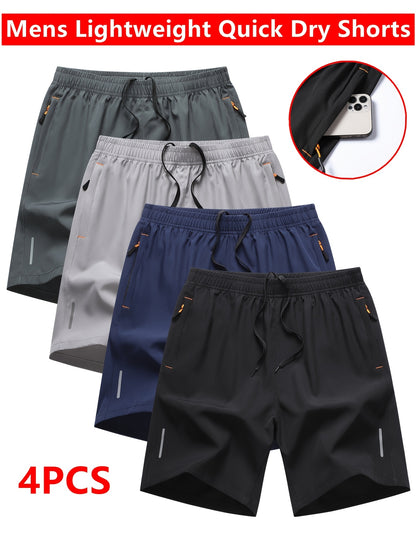 4pcs Men's Summer Athletic Shorts - Quick-Dry Lightweight Breathable Fabric, Reinforced Zipper Pockets, Drawstring Waist - Comfortable Loose-Fit for Running, Gym, Cycling, Basketball, Tennis, Outdoor Sports & Beach Party