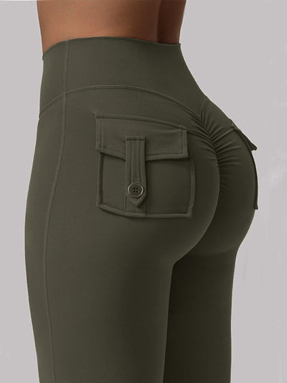 FOEIERAA 1pc Fashion Workwear Style Flare Pants, Women's Casual Flare Pants, High-Waist Pocket Joggers, Workwear Style Peach Butt Yoga Pants, Quick-Dry Tummy Control Butt Lifting Sexy Long Pants, Flare Leggings