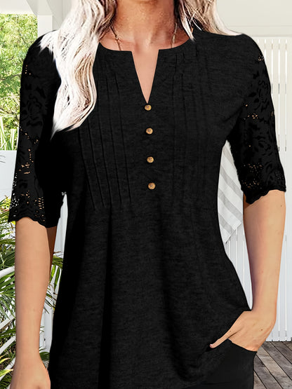 Women's Summer Pleated Button Short Sleeve T-shirt Summer V-neck Solid Color Casual Top