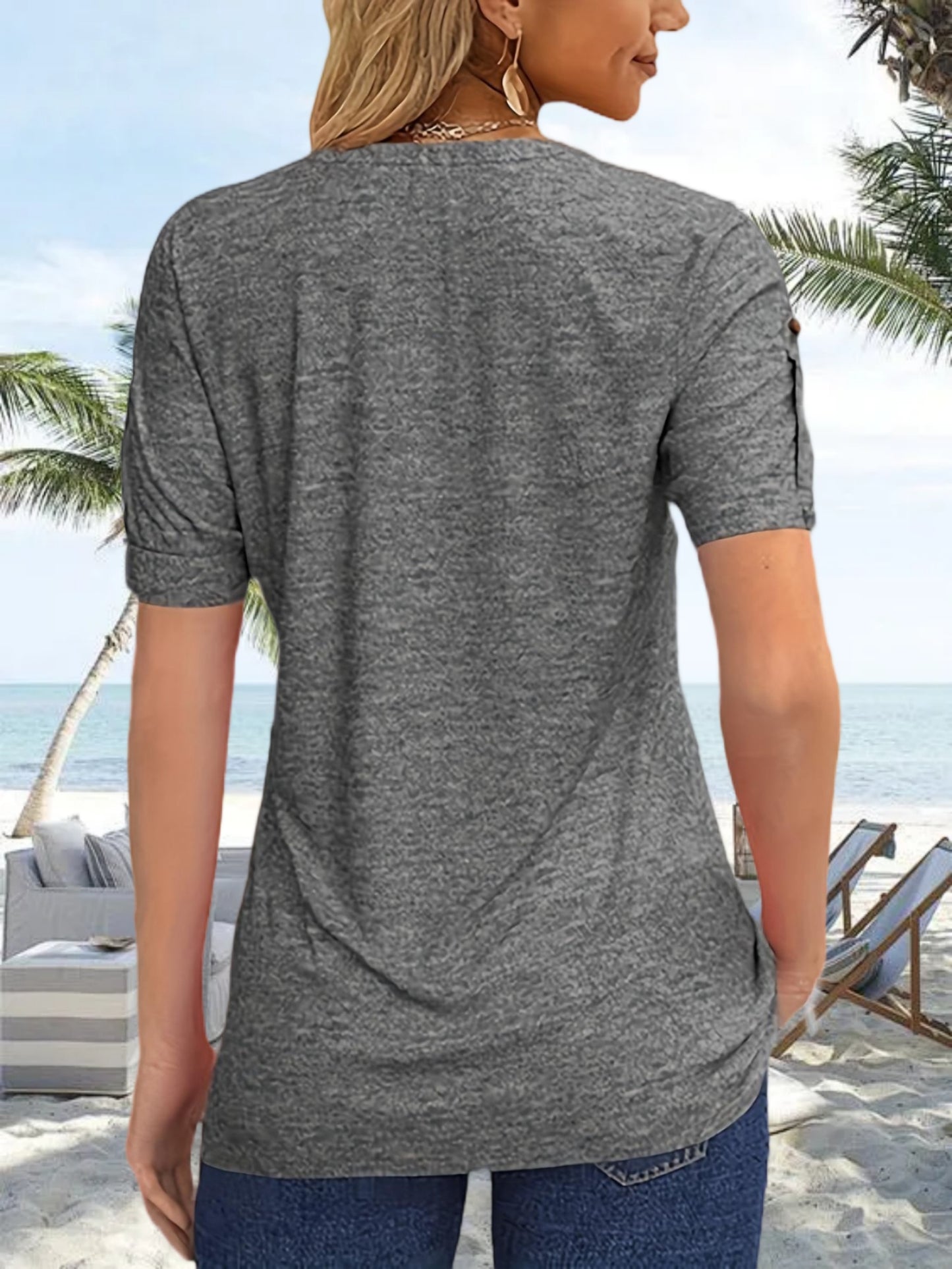 Women's Hot-selling Summer Casual V-Neck Pleated Blouse Short Sleeve Button-Up Solid Color Top