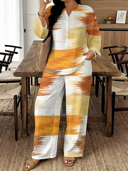 2026 New Women's Standard Size Long Sleeved Pants 2pcs Set, Set, Spring And Summer New V-Neck Long Sleeved Shirt Printed Elastic Waistband Pants 2pcs Set, Digital Printing Machine Washable Fabric, Elegant And Comfortable